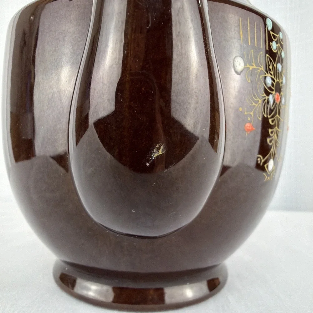 Vintage Brown Betty Redware Teapot Moriage Enamel Hand Painted Japan GUC MCM